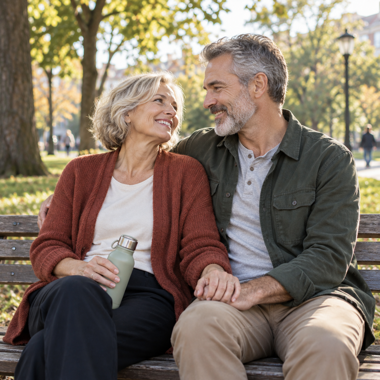 A smiling couple sitting close together on a park bench