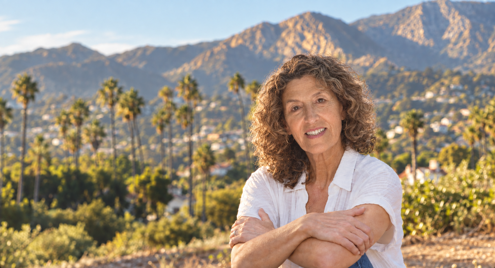 Madelyn Swed sitting on a hillside above Santa Barbara, palms and mountains behind her